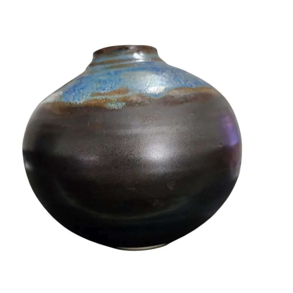 Studio Art Pottery Vase Black Blue Drip Glaze Signed Ceramic Vessel